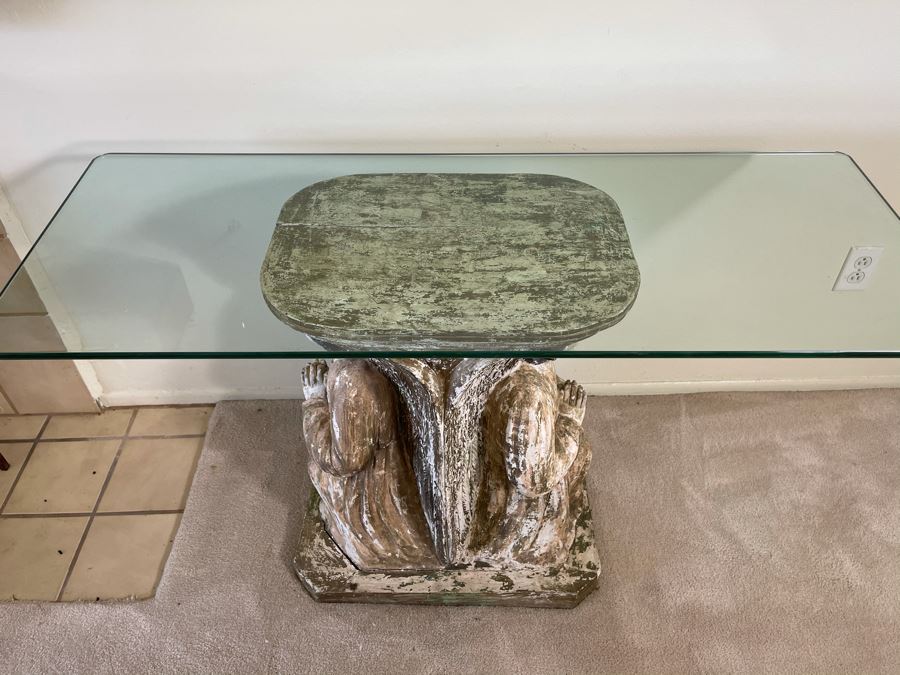 Antique Carved Wooden Praying Angels With Glass Eyes Shabby Chic Console Table - Base Is 24W X 15D X 28H / Glass Is 48W X 18D [Photo 20]