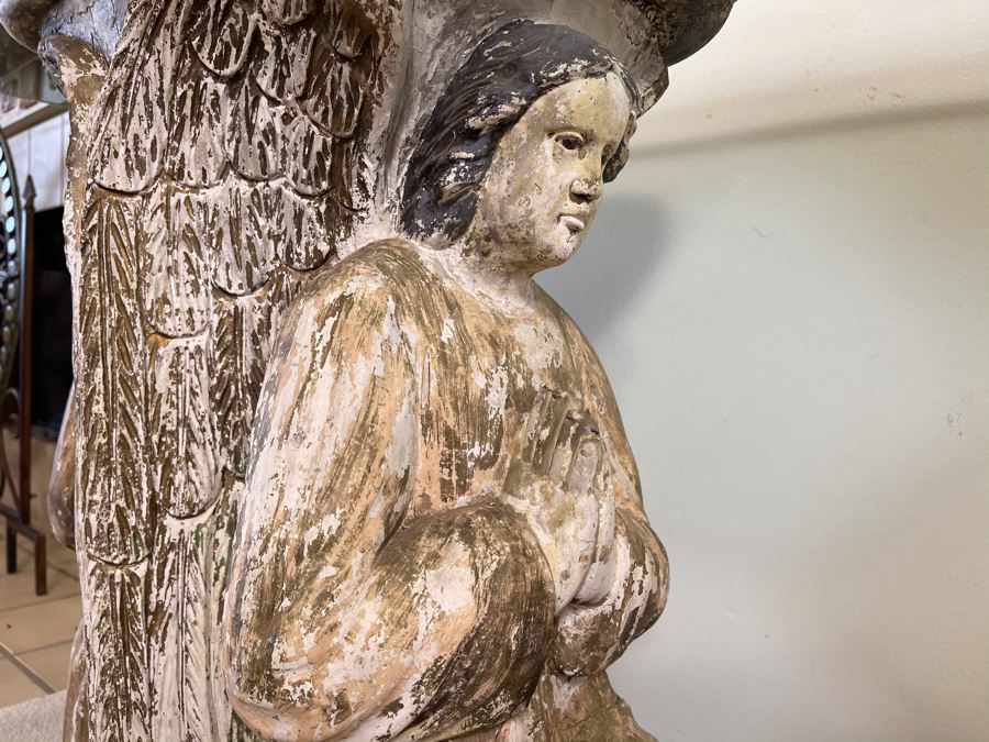 Antique Carved Wooden Praying Angels With Glass Eyes Shabby Chic Console Table - Base Is 24W X 15D X 28H / Glass Is 48W X 18D [Photo 11]