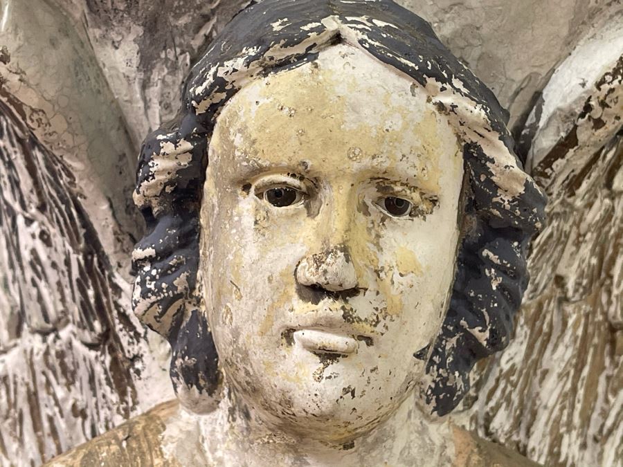 Antique Carved Wooden Praying Angels With Glass Eyes Shabby Chic Console Table - Base Is 24W X 15D X 28H / Glass Is 48W X 18D [Photo 10]