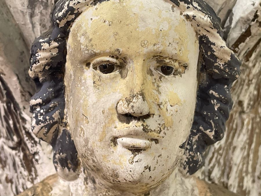 Antique Carved Wooden Praying Angels With Glass Eyes Shabby Chic Console Table - Base Is 24W X 15D X 28H / Glass Is 48W X 18D [Photo 9]