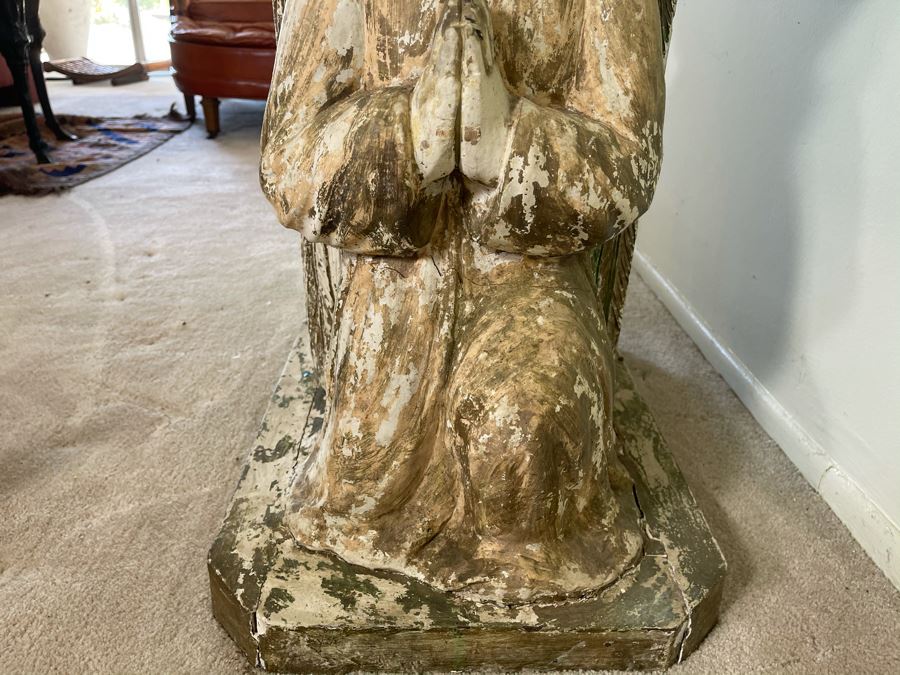 Antique Carved Wooden Praying Angels With Glass Eyes Shabby Chic Console Table - Base Is 24W X 15D X 28H / Glass Is 48W X 18D [Photo 8]