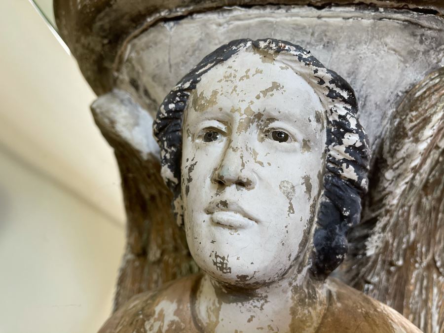 Antique Carved Wooden Praying Angels With Glass Eyes Shabby Chic Console Table - Base Is 24W X 15D X 28H / Glass Is 48W X 18D [Photo 15]