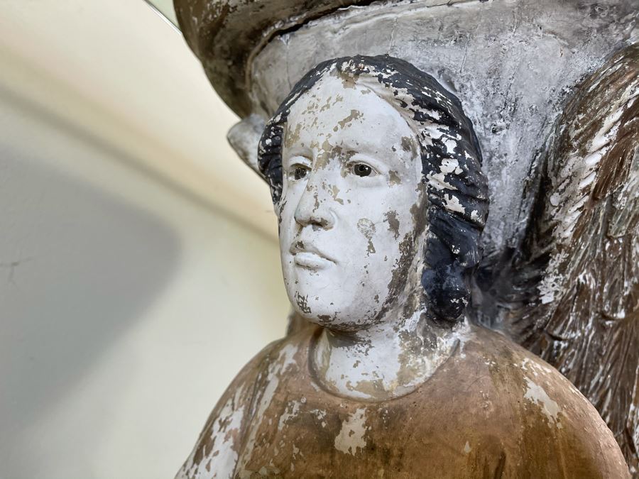 Antique Carved Wooden Praying Angels With Glass Eyes Shabby Chic Console Table - Base Is 24W X 15D X 28H / Glass Is 48W X 18D [Photo 2]