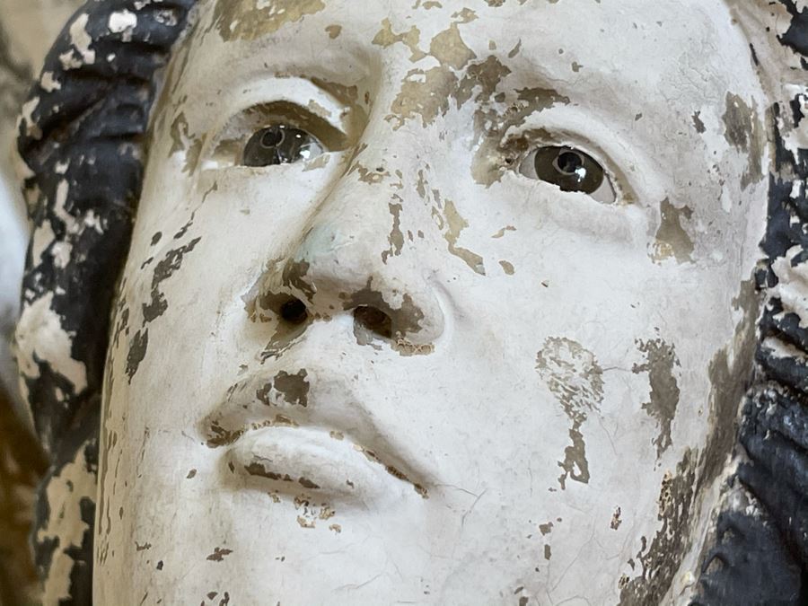 Antique Carved Wooden Praying Angels With Glass Eyes Shabby Chic Console Table - Base Is 24W X 15D X 28H / Glass Is 48W X 18D [Photo 17]