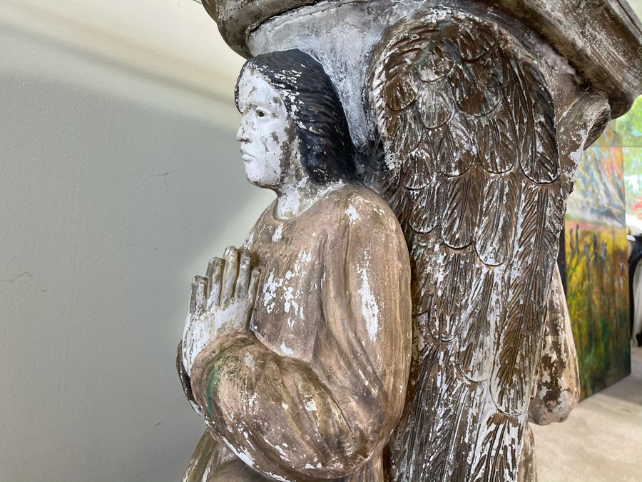 Antique Carved Wooden Praying Angels With Glass Eyes Shabby Chic Console Table - Base Is 24W X 15D X 28H / Glass Is 48W X 18D [Photo 13]