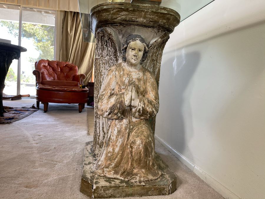 Antique Carved Wooden Praying Angels With Glass Eyes Shabby Chic Console Table - Base Is 24W X 15D X 28H / Glass Is 48W X 18D [Photo 6]