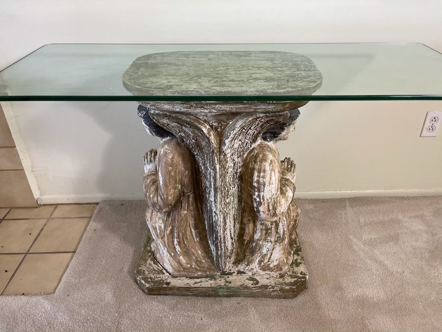 Antique Carved Wooden Praying Angels With Glass Eyes Shabby Chic Console Table - Base Is 24W X 15D X 28H / Glass Is 48W X 18D [Photo 21]