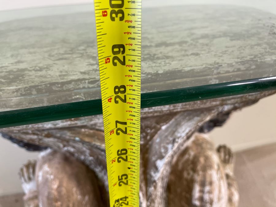 Antique Carved Wooden Praying Angels With Glass Eyes Shabby Chic Console Table - Base Is 24W X 15D X 28H / Glass Is 48W X 18D [Photo 24]