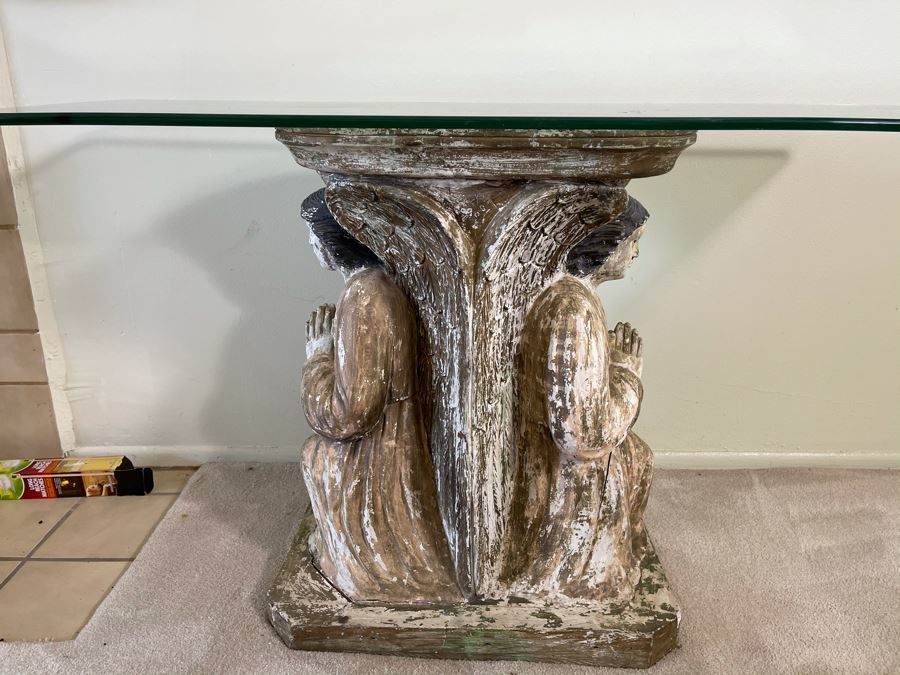 Antique Carved Wooden Praying Angels With Glass Eyes Shabby Chic Console Table - Base Is 24W X 15D X 28H / Glass Is 48W X 18D [Photo 4]