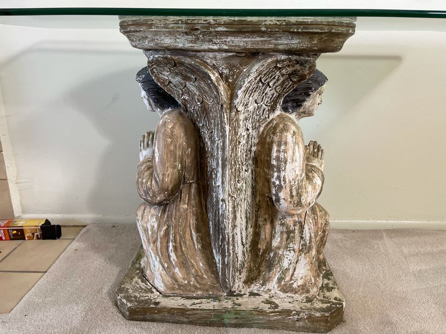 Antique Carved Wooden Praying Angels With Glass Eyes Shabby Chic Console Table - Base Is 24W X 15D X 28H / Glass Is 48W X 18D [Photo 3]