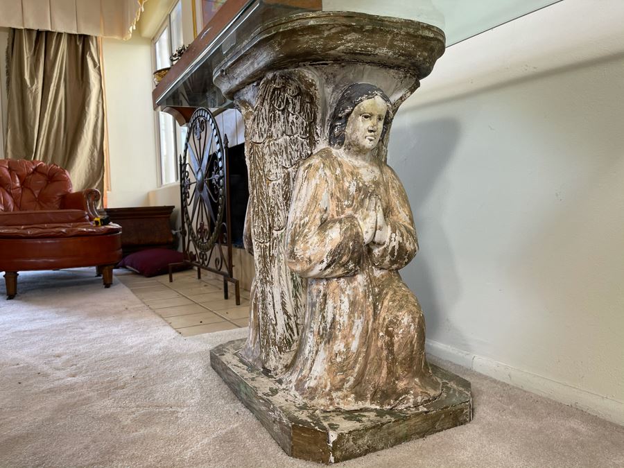 Antique Carved Wooden Praying Angels With Glass Eyes Shabby Chic Console Table - Base Is 24W X 15D X 28H / Glass Is 48W X 18D [Photo 5]