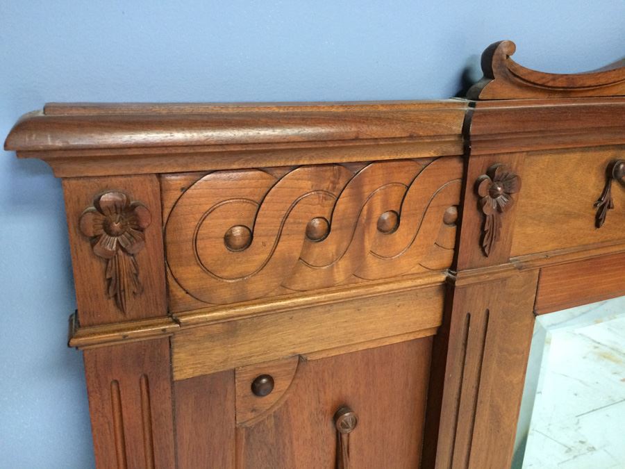 Ornate Carved Wood Beveled Glass Mirror [Photo 3]