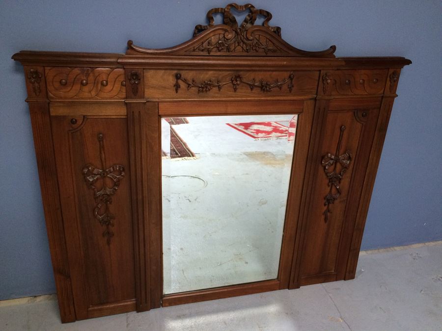 Ornate Carved Wood Beveled Glass Mirror [Photo 1]
