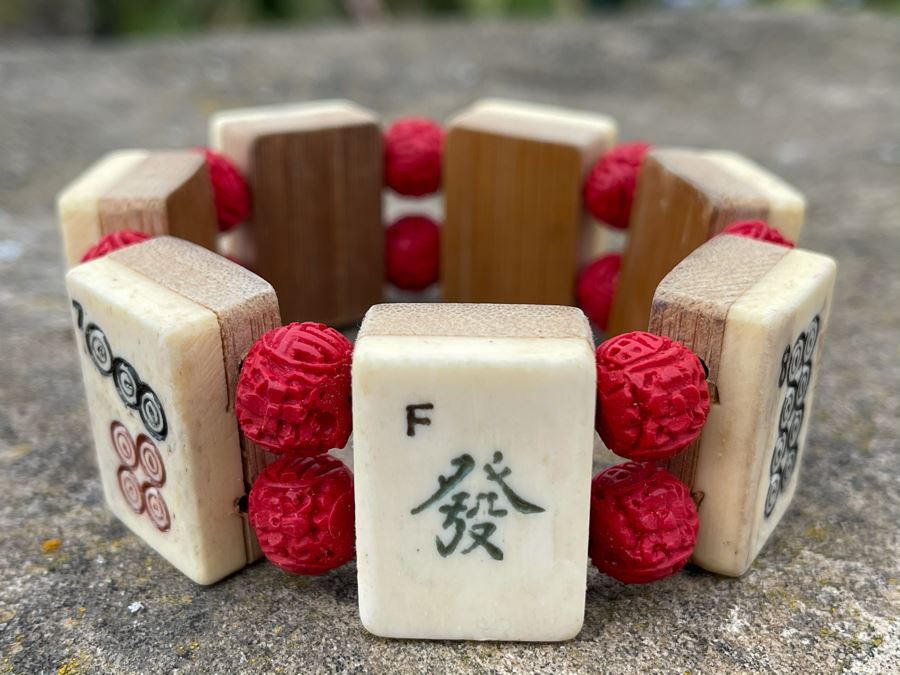 Vintage Bone And Bamboo Mahjong Tiles Bracelet [Photo 4]