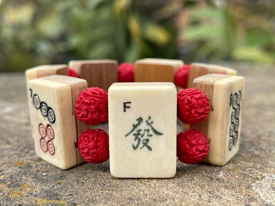 Vintage Bone And Bamboo Mahjong Tiles Bracelet