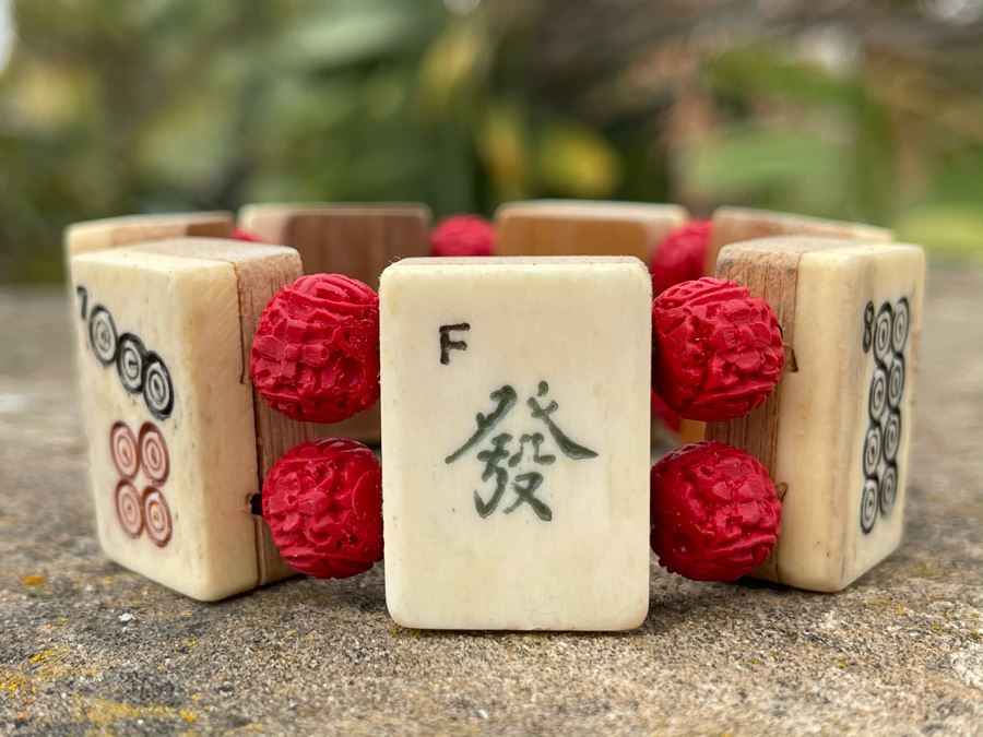 Vintage Bone And Bamboo Mahjong Tiles Bracelet [Photo 5]