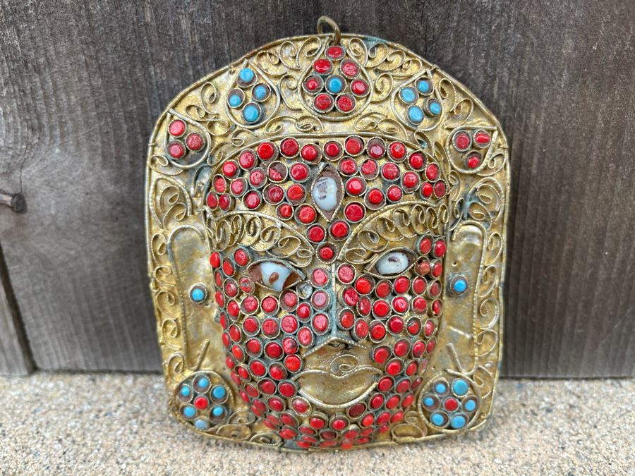 Old Nepalese Tibetan Brass Filigree Mask With Inlayed Coral And Turqoise 3.5W X 4H [Photo 3]