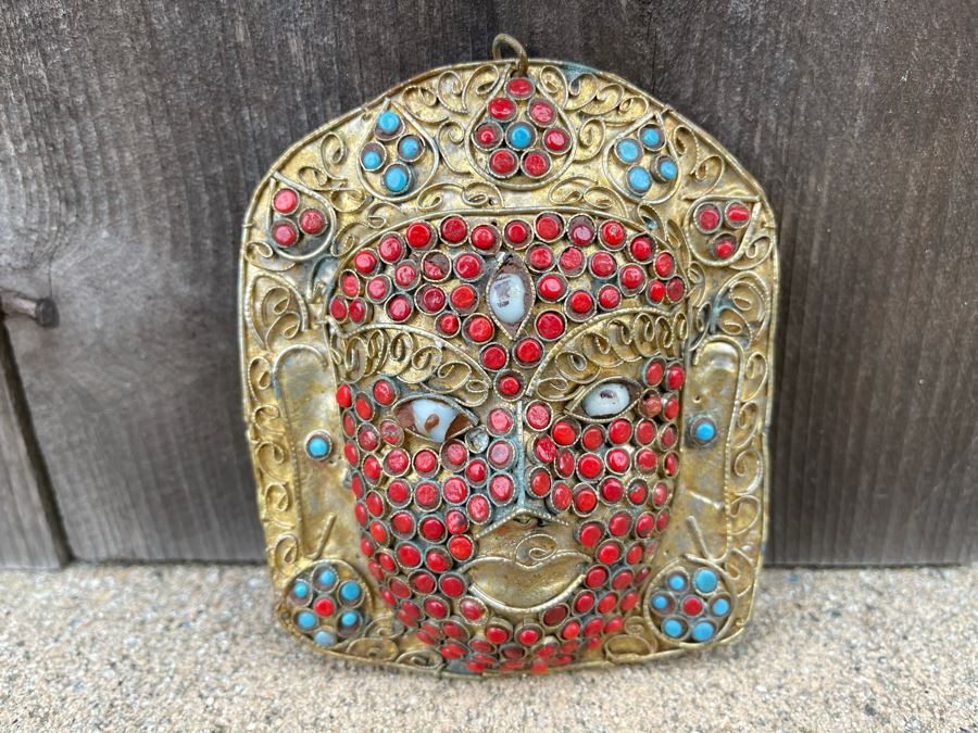 Old Nepalese Tibetan Brass Filigree Mask With Inlayed Coral And Turqoise 3.5W X 4H [Photo 2]