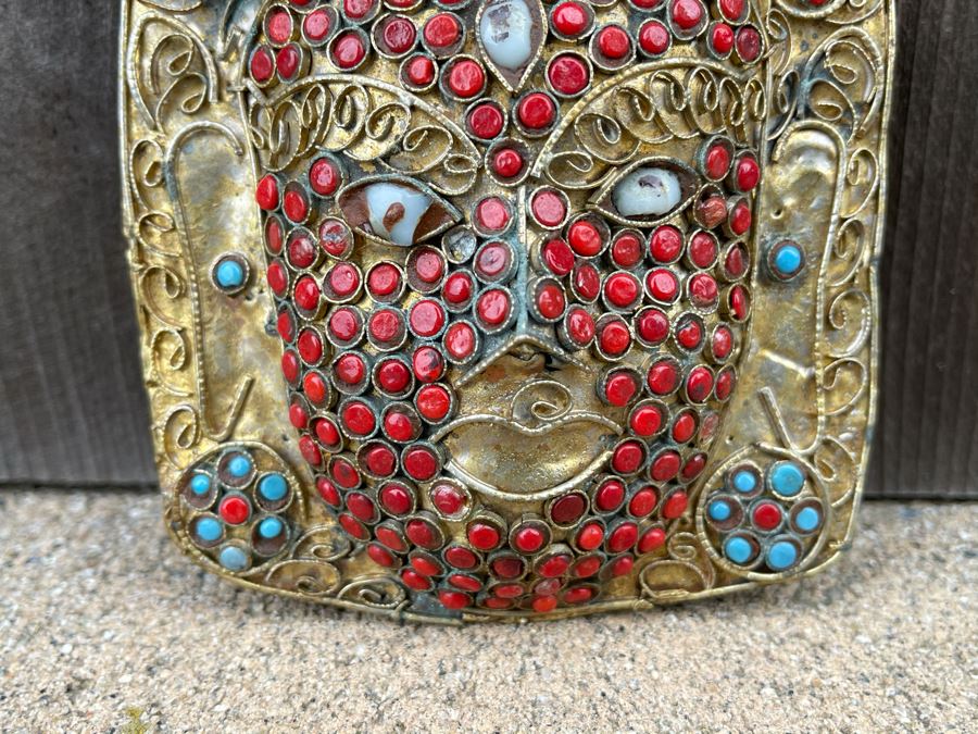 Old Nepalese Tibetan Brass Filigree Mask With Inlayed Coral And Turqoise 3.5W X 4H [Photo 4]