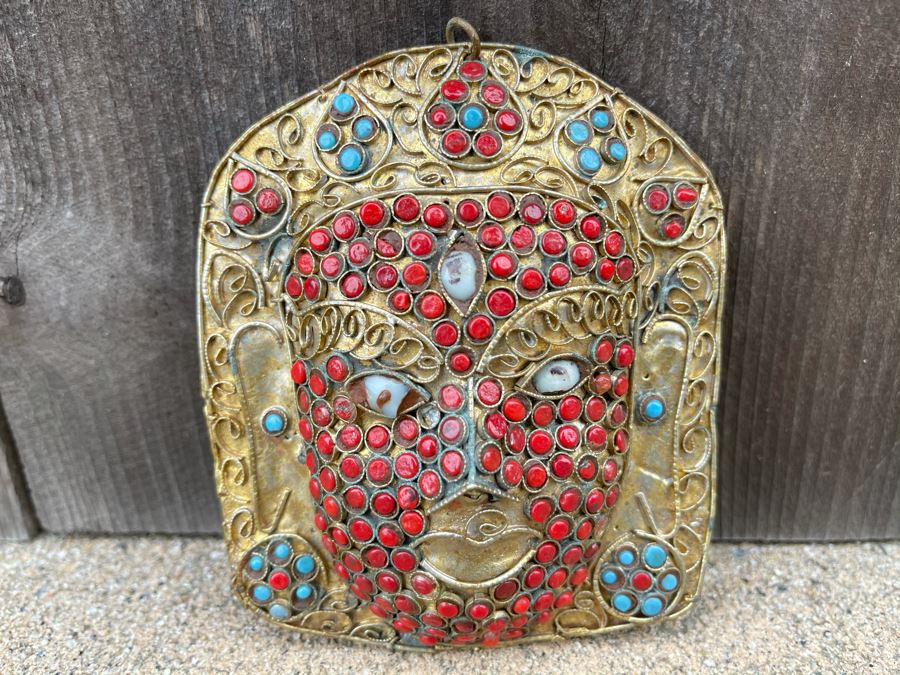 Old Nepalese Tibetan Brass Filigree Mask With Inlayed Coral And Turqoise 3.5W X 4H [Photo 1]