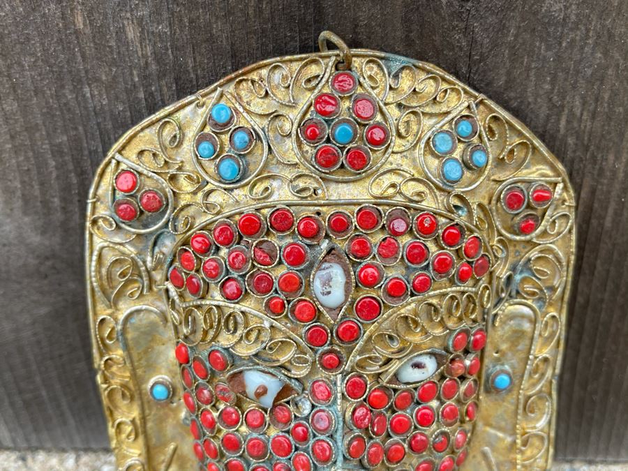 Old Nepalese Tibetan Brass Filigree Mask With Inlayed Coral And Turqoise 3.5W X 4H [Photo 5]