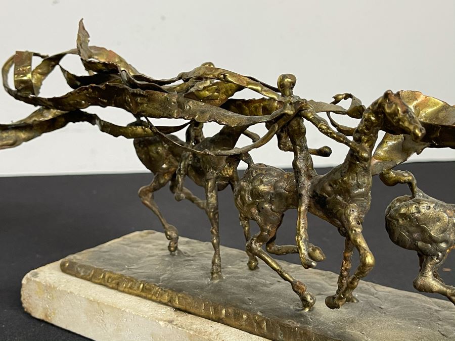 Brass Sculpture Of 3 People Riding Horses On Marble Base 11W X 3.5D X 5H [Photo 8]