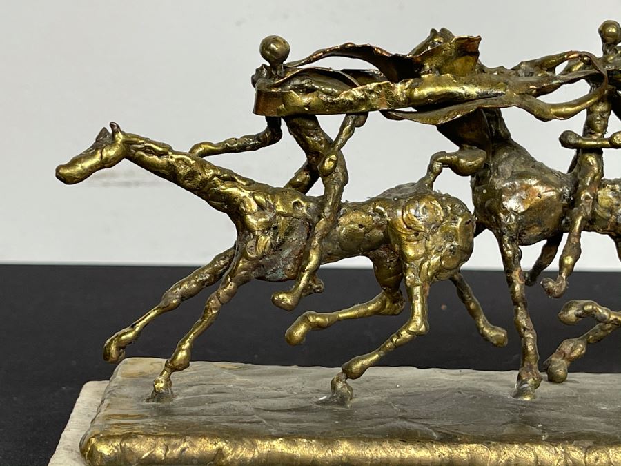 Brass Sculpture Of 3 People Riding Horses On Marble Base 11W X 3.5D X 5H [Photo 16]