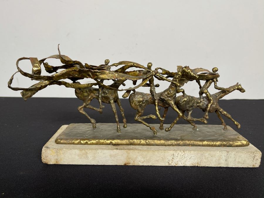 Brass Sculpture Of 3 People Riding Horses On Marble Base 11W X 3.5D X 5H [Photo 5]