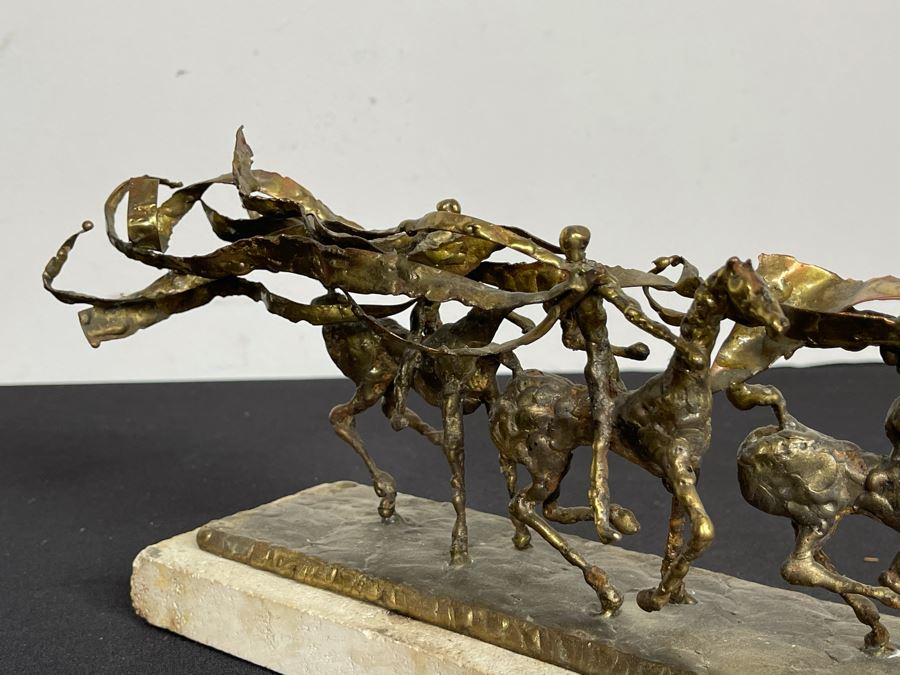 Brass Sculpture Of 3 People Riding Horses On Marble Base 11W X 3.5D X 5H [Photo 9]