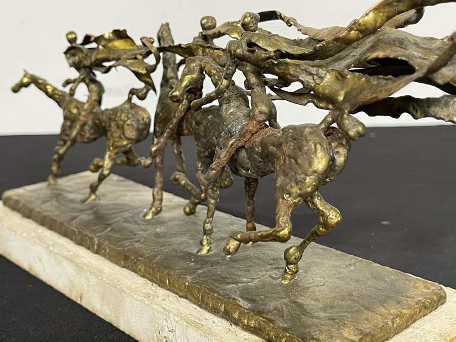 Brass Sculpture Of 3 People Riding Horses On Marble Base 11W X 3.5D X 5H [Photo 12]