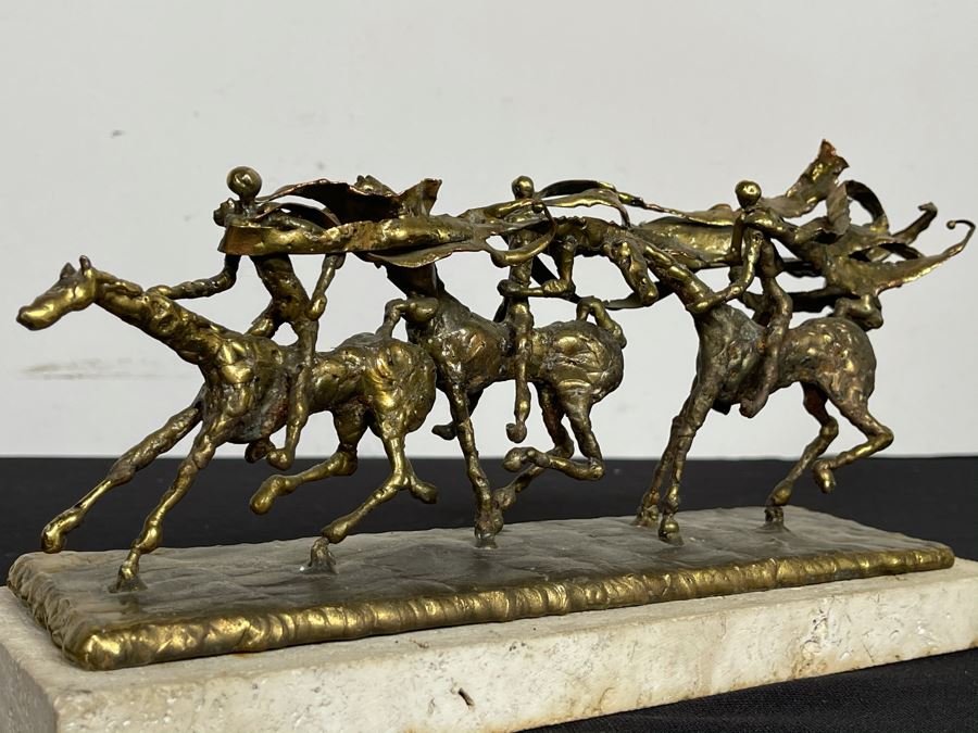Brass Sculpture Of 3 People Riding Horses On Marble Base 11W X 3.5D X 5H [Photo 10]