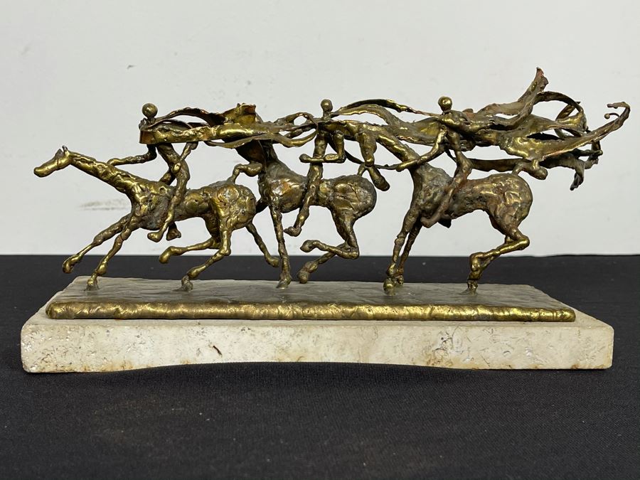 Brass Sculpture Of 3 People Riding Horses On Marble Base 11W X 3.5D X 5H [Photo 1]