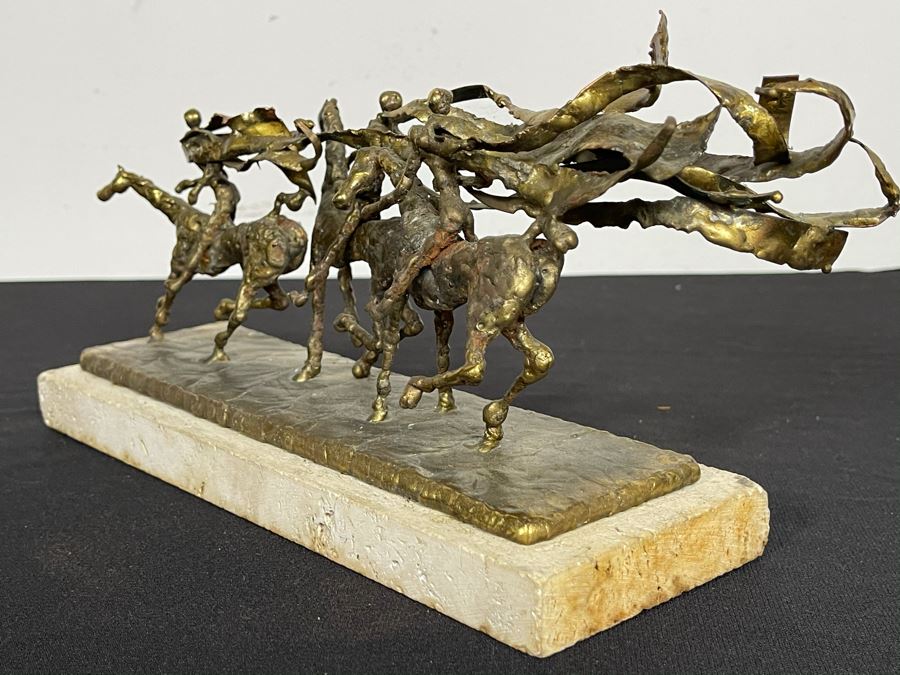 Brass Sculpture Of 3 People Riding Horses On Marble Base 11W X 3.5D X 5H [Photo 13]