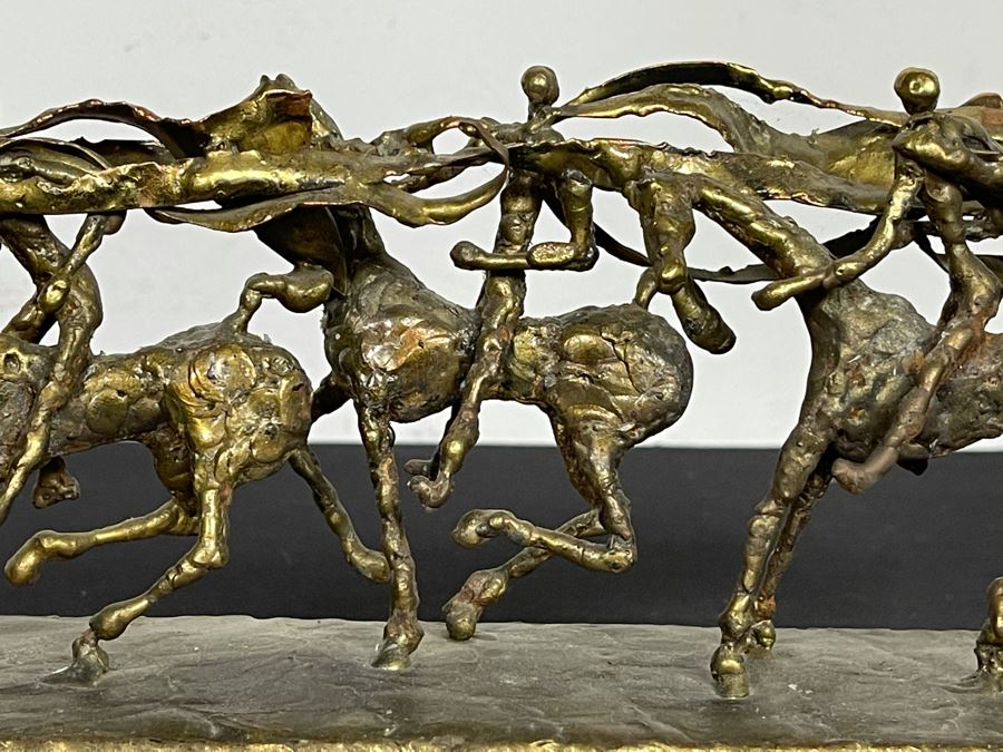 Brass Sculpture Of 3 People Riding Horses On Marble Base 11W X 3.5D X 5H [Photo 17]