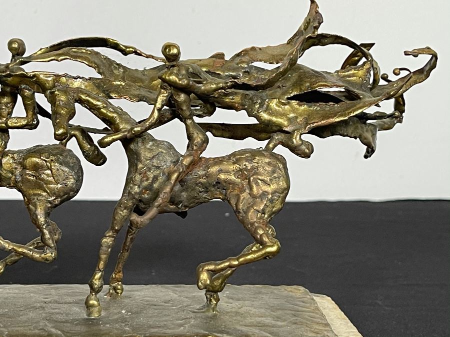 Brass Sculpture Of 3 People Riding Horses On Marble Base 11W X 3.5D X 5H [Photo 18]