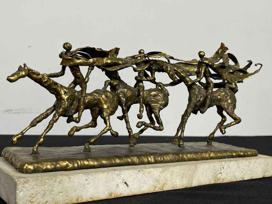 Brass Sculpture Of 3 People Riding Horses On Marble Base 11W X 3.5D X 5H [Photo 11]