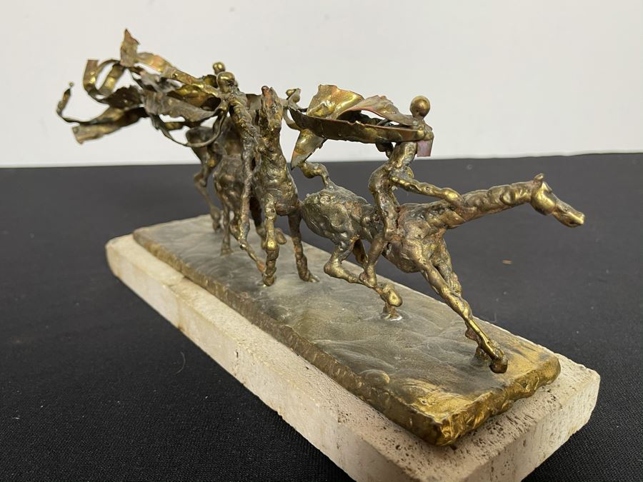 Brass Sculpture Of 3 People Riding Horses On Marble Base 11W X 3.5D X 5H [Photo 6]