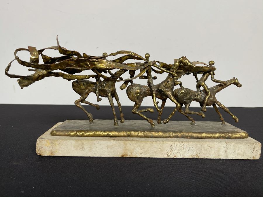 Brass Sculpture Of 3 People Riding Horses On Marble Base 11W X 3.5D X 5H [Photo 3]