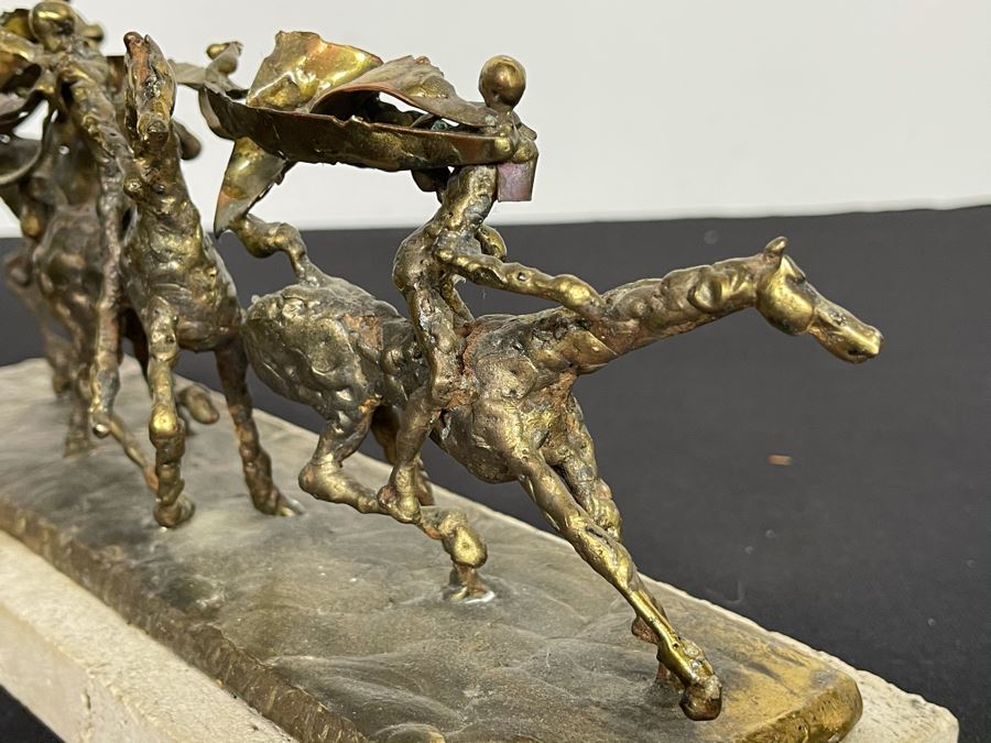 Brass Sculpture Of 3 People Riding Horses On Marble Base 11W X 3.5D X 5H [Photo 7]