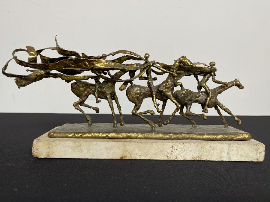 Brass Sculpture Of 3 People Riding Horses On Marble Base 11W X 3.5D X 5H [Photo 4]