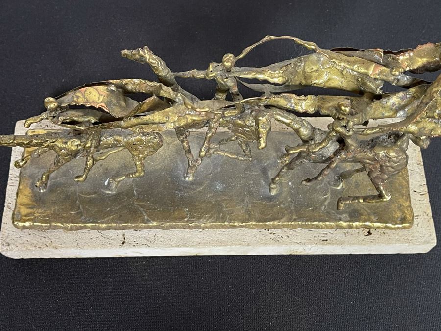 Brass Sculpture Of 3 People Riding Horses On Marble Base 11W X 3.5D X 5H [Photo 14]