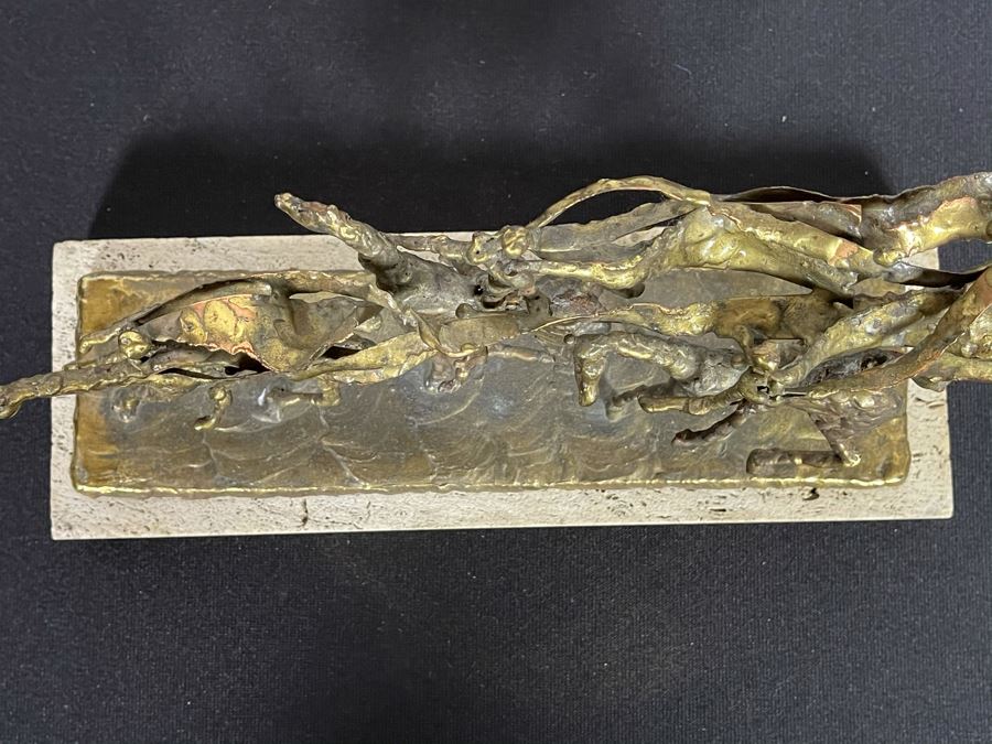 Brass Sculpture Of 3 People Riding Horses On Marble Base 11W X 3.5D X 5H [Photo 15]