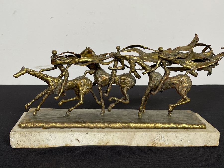 Brass Sculpture Of 3 People Riding Horses On Marble Base 11W X 3.5D X 5H [Photo 2]