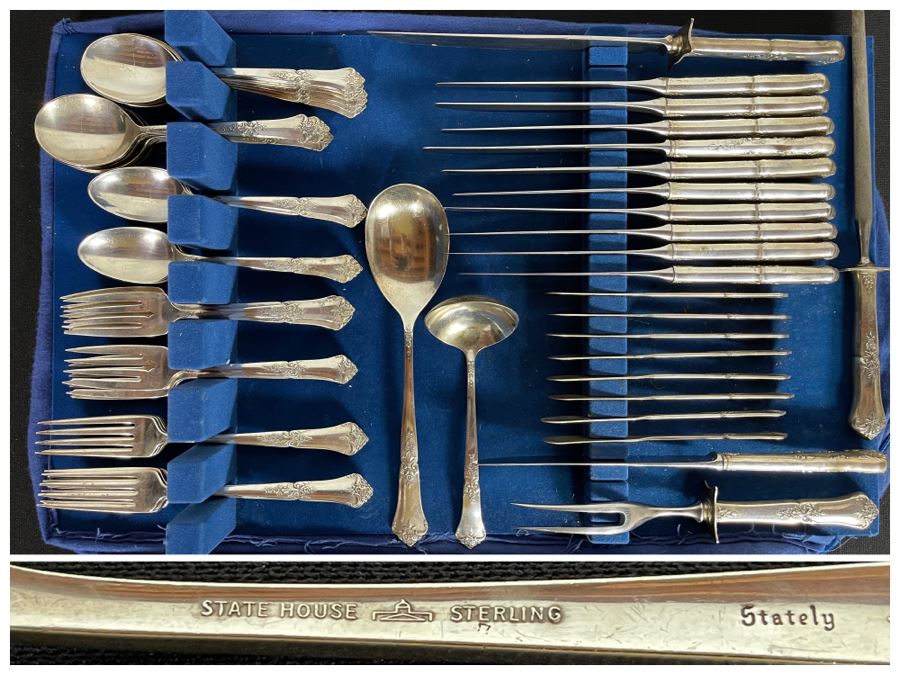 Sterling Silver Flatware Set By State House Stately Pattern - See Details For Breakdown - Total Sterling Silver Weight Not Including Sterling Handled Knives 1,737g