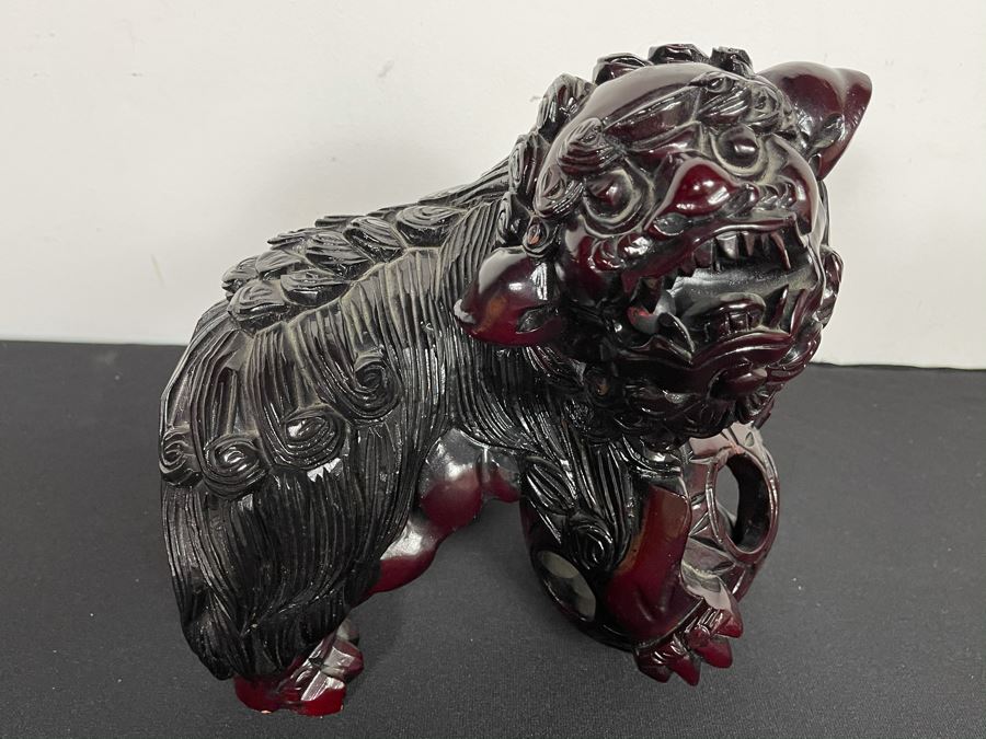 Vintage Asian Carved Wooden Foo Dog With Floating Ball 10W X 7D X 10H [Photo 6]