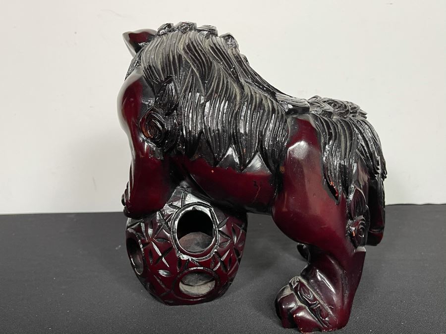 Vintage Asian Carved Wooden Foo Dog With Floating Ball 10W X 7D X 10H [Photo 8]