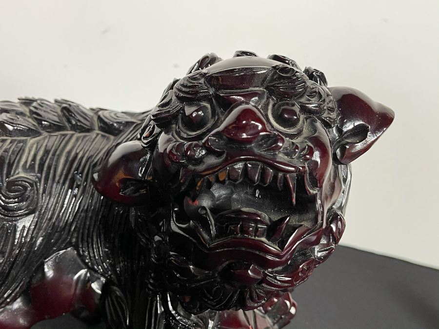 Vintage Asian Carved Wooden Foo Dog With Floating Ball 10W X 7D X 10H [Photo 13]