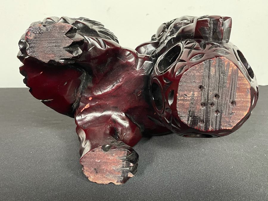 Vintage Asian Carved Wooden Foo Dog With Floating Ball 10W X 7D X 10H [Photo 14]