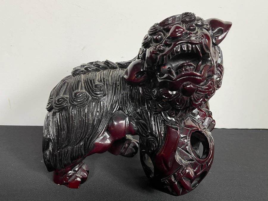 Vintage Asian Carved Wooden Foo Dog With Floating Ball 10W X 7D X 10H [Photo 3]