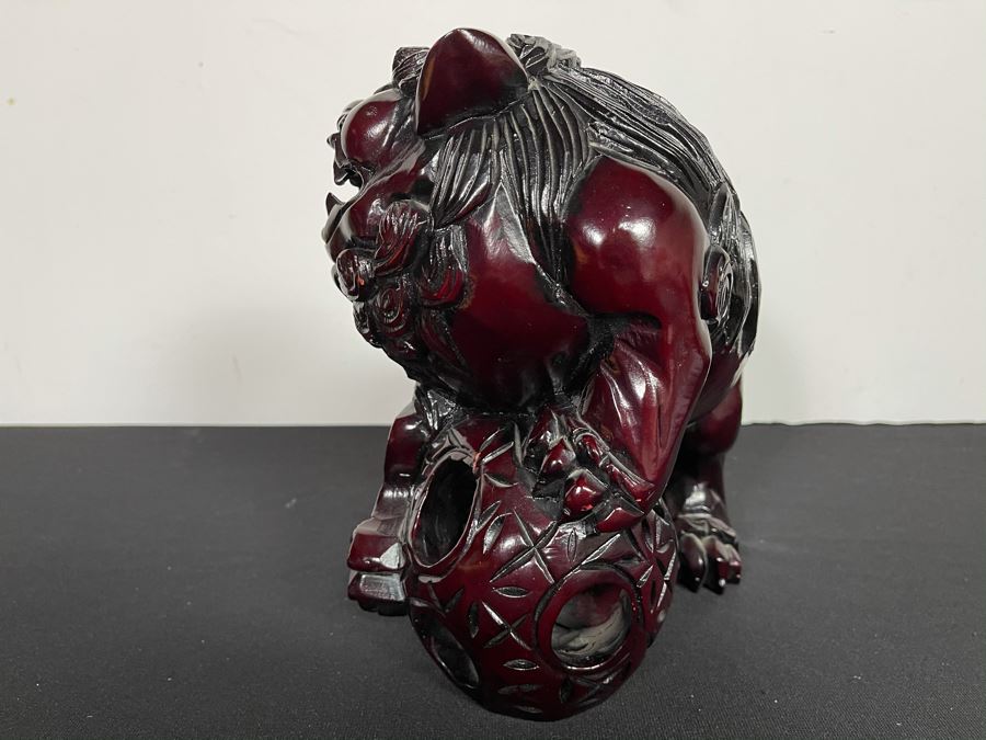 Vintage Asian Carved Wooden Foo Dog With Floating Ball 10W X 7D X 10H [Photo 12]